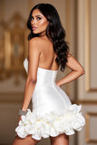 Strapless Satin Corset Short White Bridal Dress with Ruffles