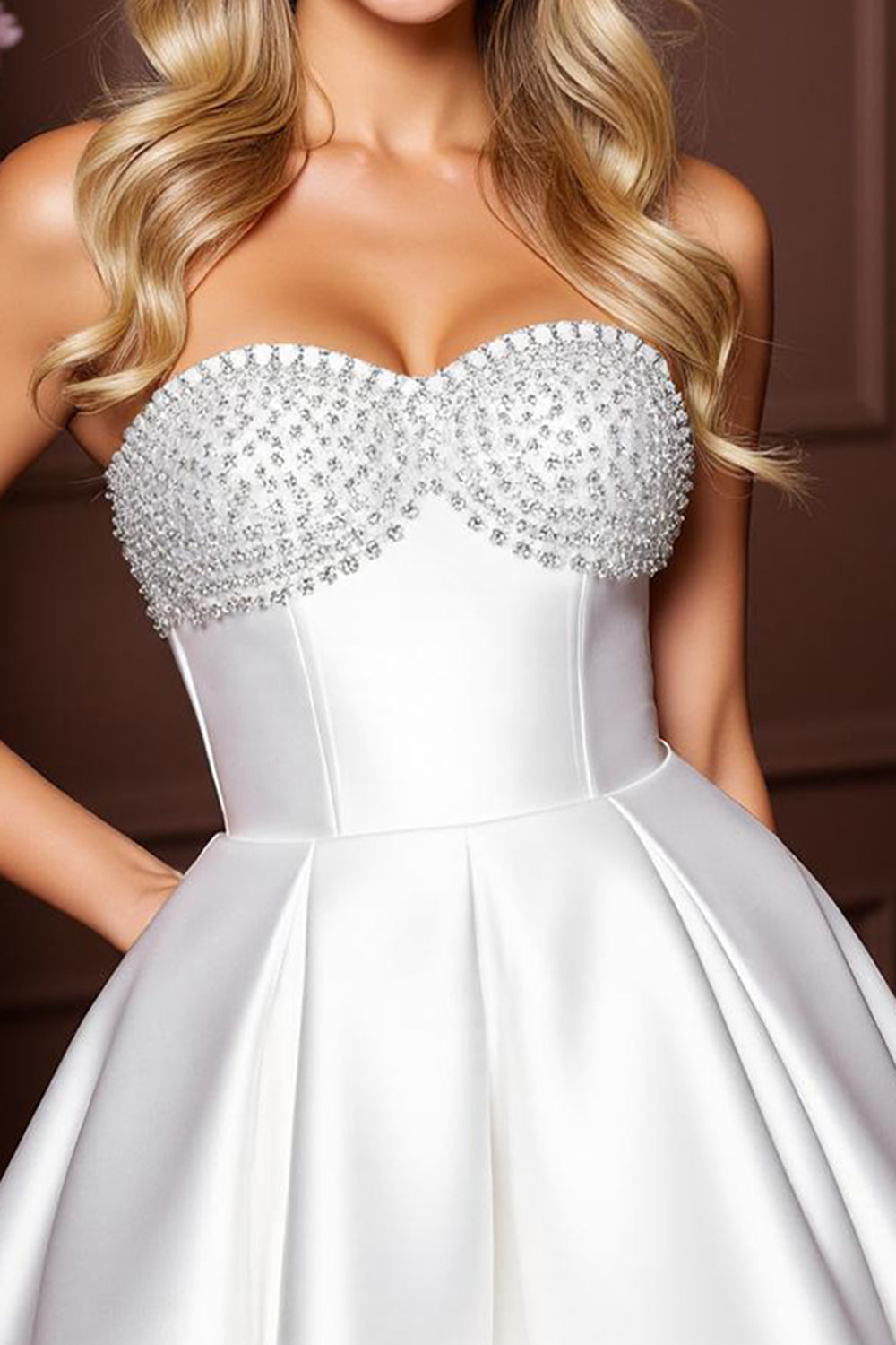 Sparkly Satin White A Line Sweetheart Short Beaded Prom Dress