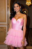 Sweetheart Hot Pink Tiered Short A Line Tulle Prom Dress