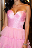 Sweetheart Hot Pink Tiered Short A Line Tulle Prom Dress