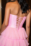 Sweetheart Hot Pink Tiered Short A Line Tulle Prom Dress