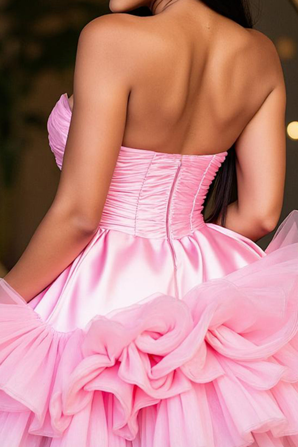 Sparkly Hot Pink A Line Strapless Tiered Short Prom Dress with Ruffle