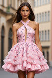 Pink Floral A Line Keyhole Tiered Short Prom Dress with Ruffles