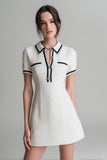 White Collar Neck Short Sleeves Tweed Dress with Buttons