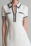 White Collar Neck Short Sleeves Tweed Dress with Buttons