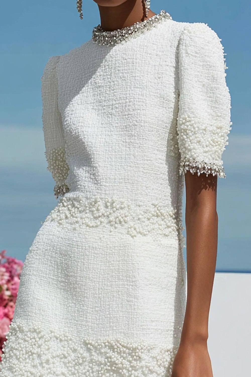 Sparkly White Tight Short Tweed Dress with Pearls