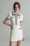 White Tight Short Sleeves Tweed Dress with Buttons