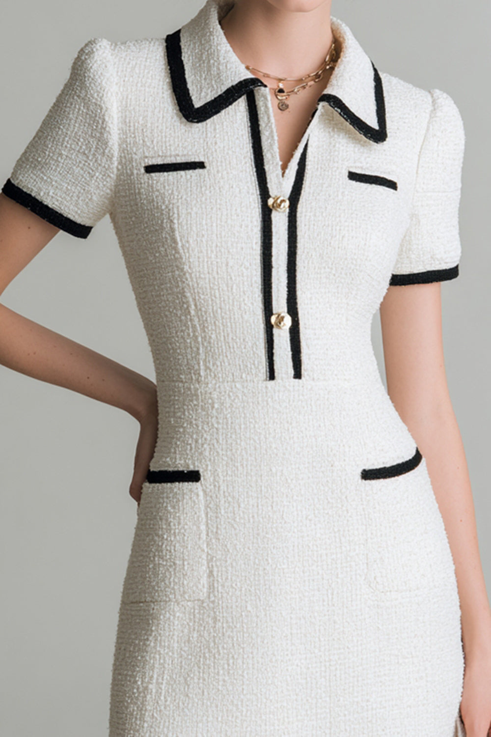 White Tight Short Sleeves Tweed Dress with Buttons
