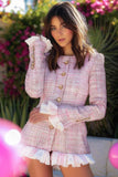 Pink Plaid Ruffled Tight Short Tweed Blazer with Buttons