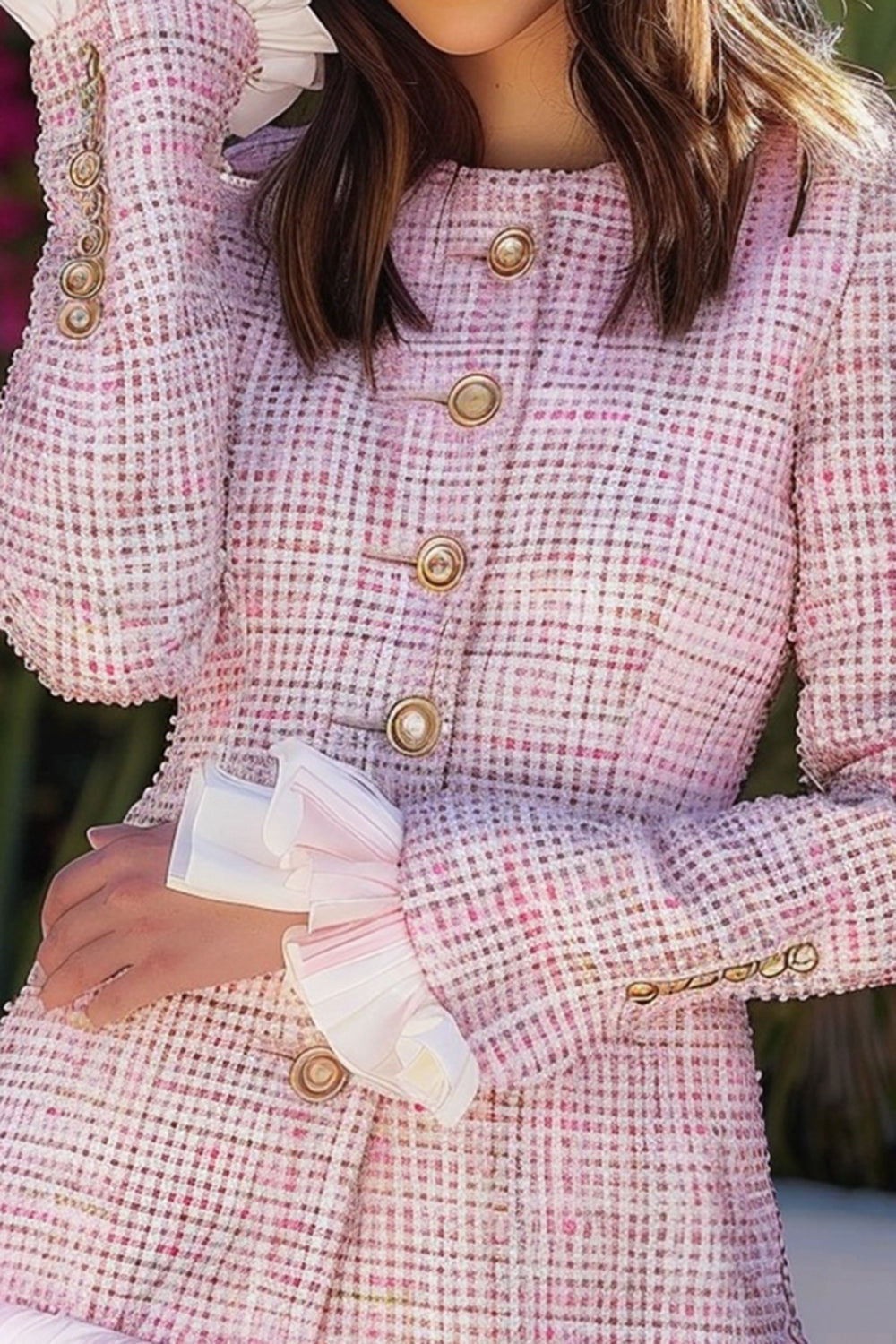 Pink Plaid Ruffled Tight Short Tweed Blazer with Buttons