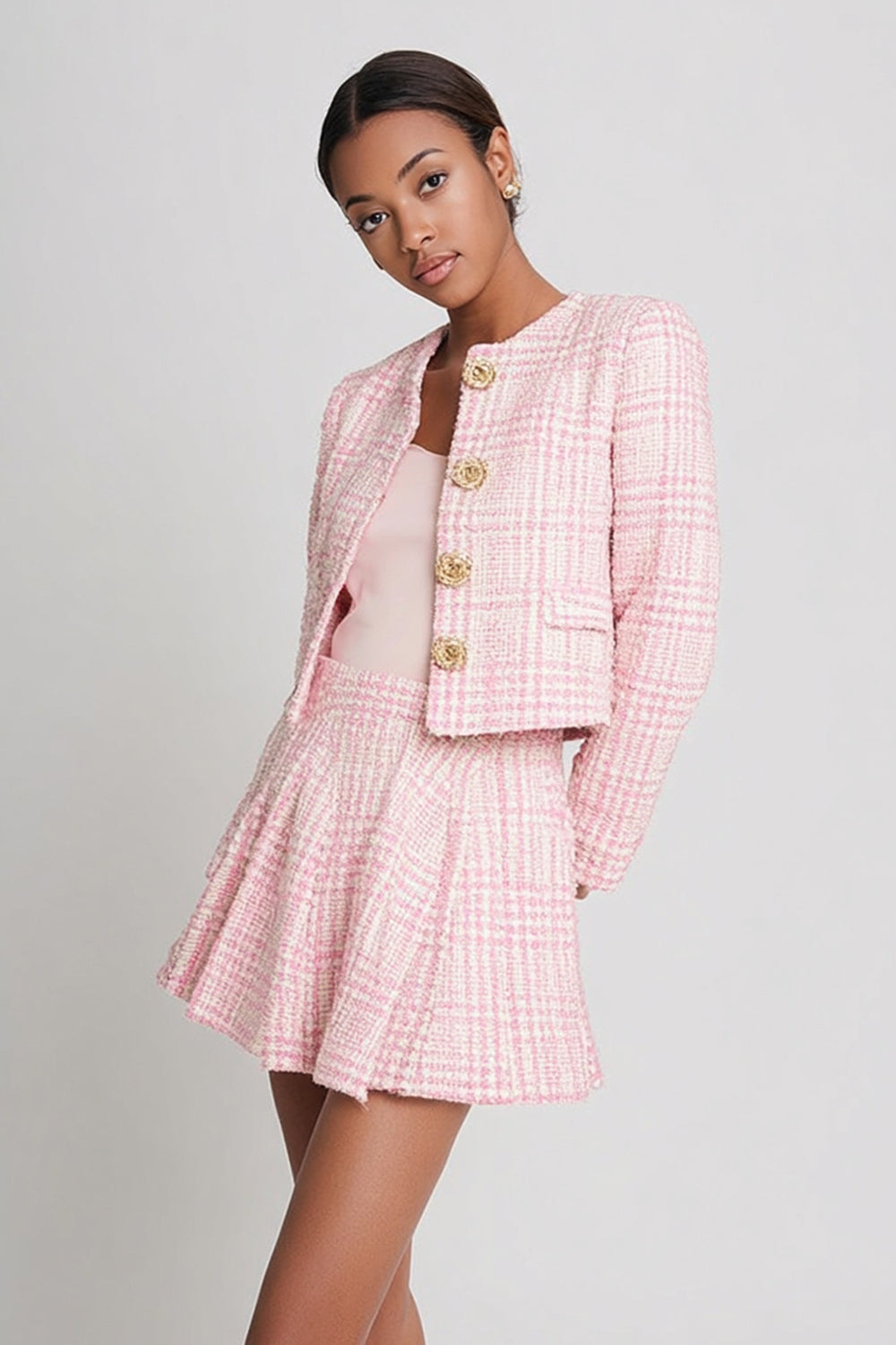 Pink A Line Plaid 2 Piece Tweed Outfits with Buttons