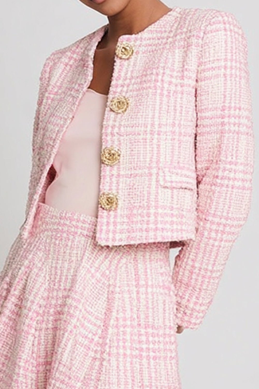 Pink A Line Plaid 2 Piece Tweed Outfits with Buttons