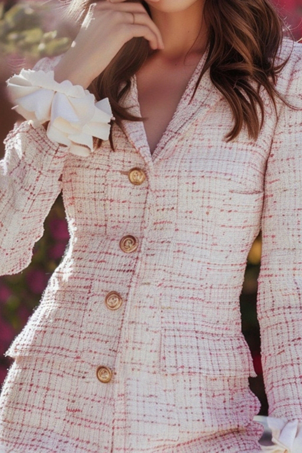 Light Pink Plaid Ruffled Tight Short Tweed Blazer with Buttons