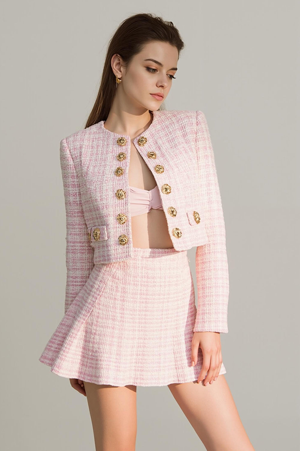 Pink Plaid A Line 2 Piece Tweed Outfits with Buttons
