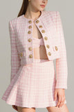 Pink Plaid A Line 2 Piece Tweed Outfits with Buttons