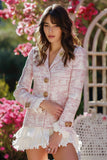 Light Pink Plaid Notched Lapel Ruffled Tweed Blazer