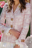 Light Pink Plaid Notched Lapel Ruffled Tweed Blazer