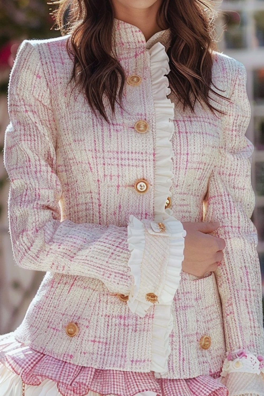 Light Pink Plaid 2 Piece Tight Short Tweed Blazer with Ruffles