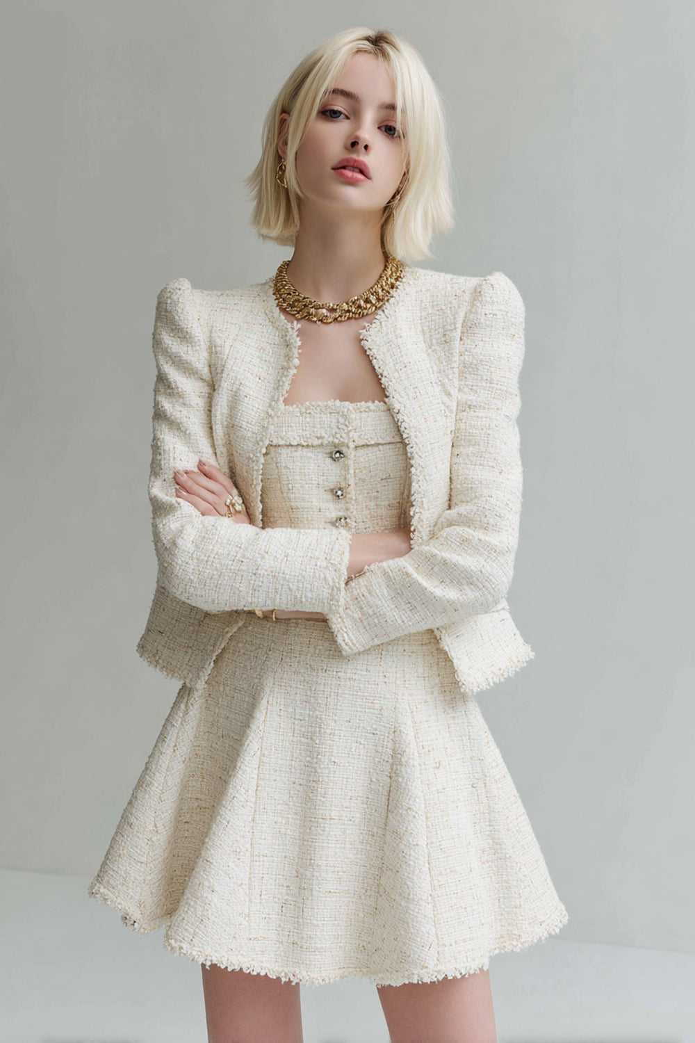 A Line White 2 Piece Long Sleeves Tweed Outfits