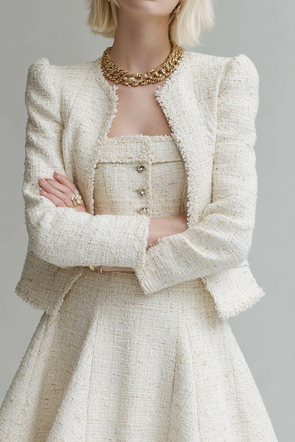 A Line White 2 Piece Long Sleeves Tweed Outfits