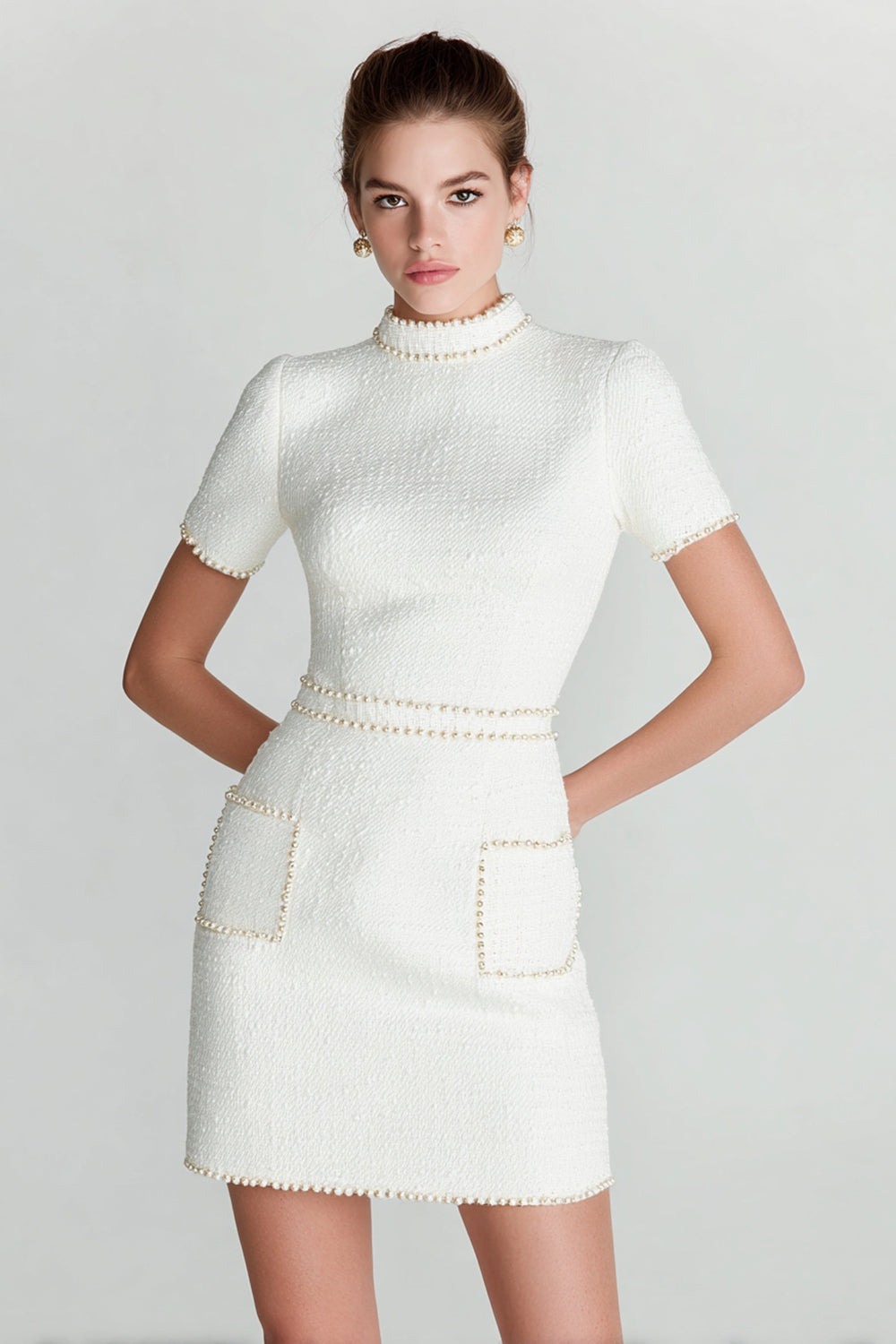 White High Neck Tight Short Tweed Dress with Pearls
