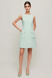 Simple Green A Line Sleeveless Short Tweed Dress with Pockets