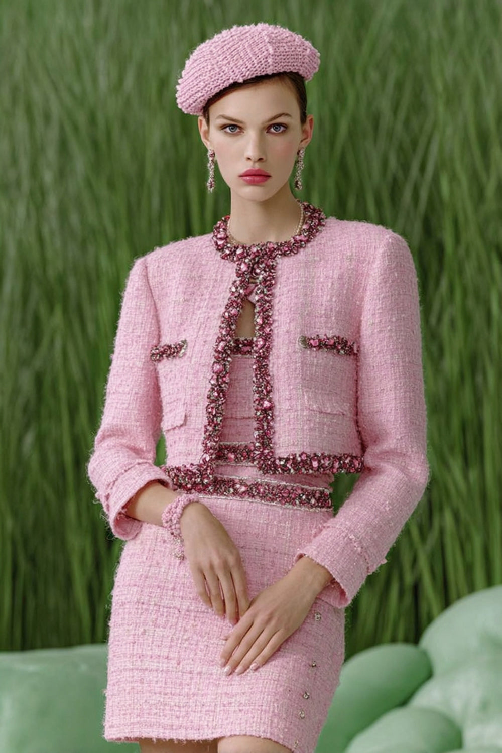 Sparkly Pink 3 Piece Tight Tweed Outfits with Rhinestones