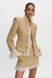 Golden Tight 2 Piece High Neck Tweed Outfits with Lace