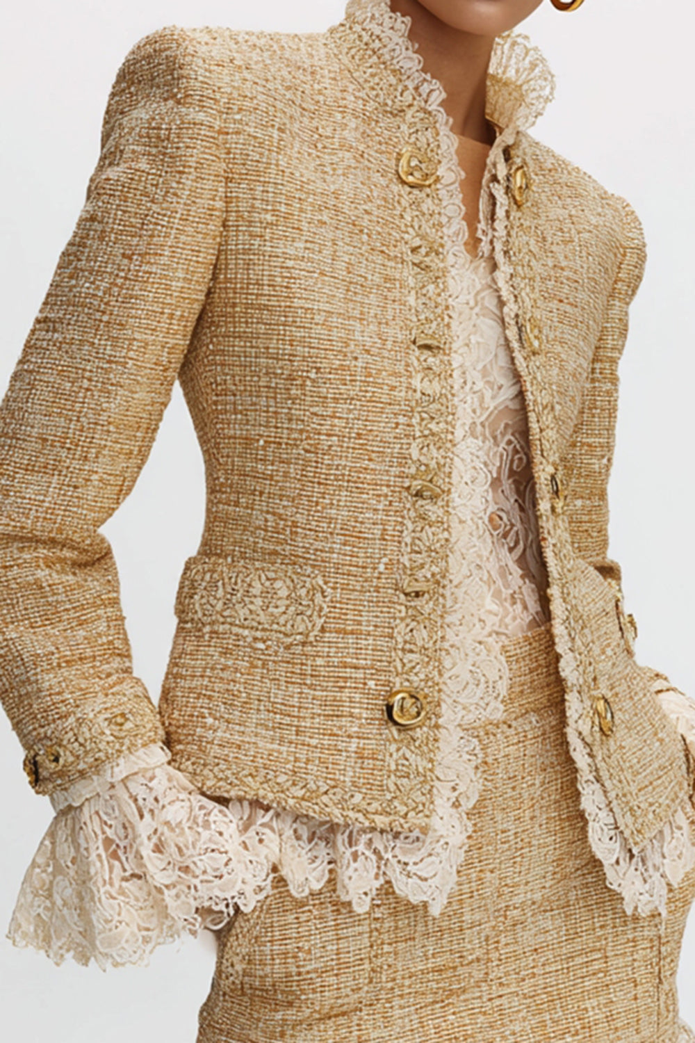 Golden Tight 2 Piece High Neck Tweed Outfits with Lace