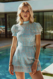 Blue Plaid Tight High Neck Short Tweed Dress with Sleeves