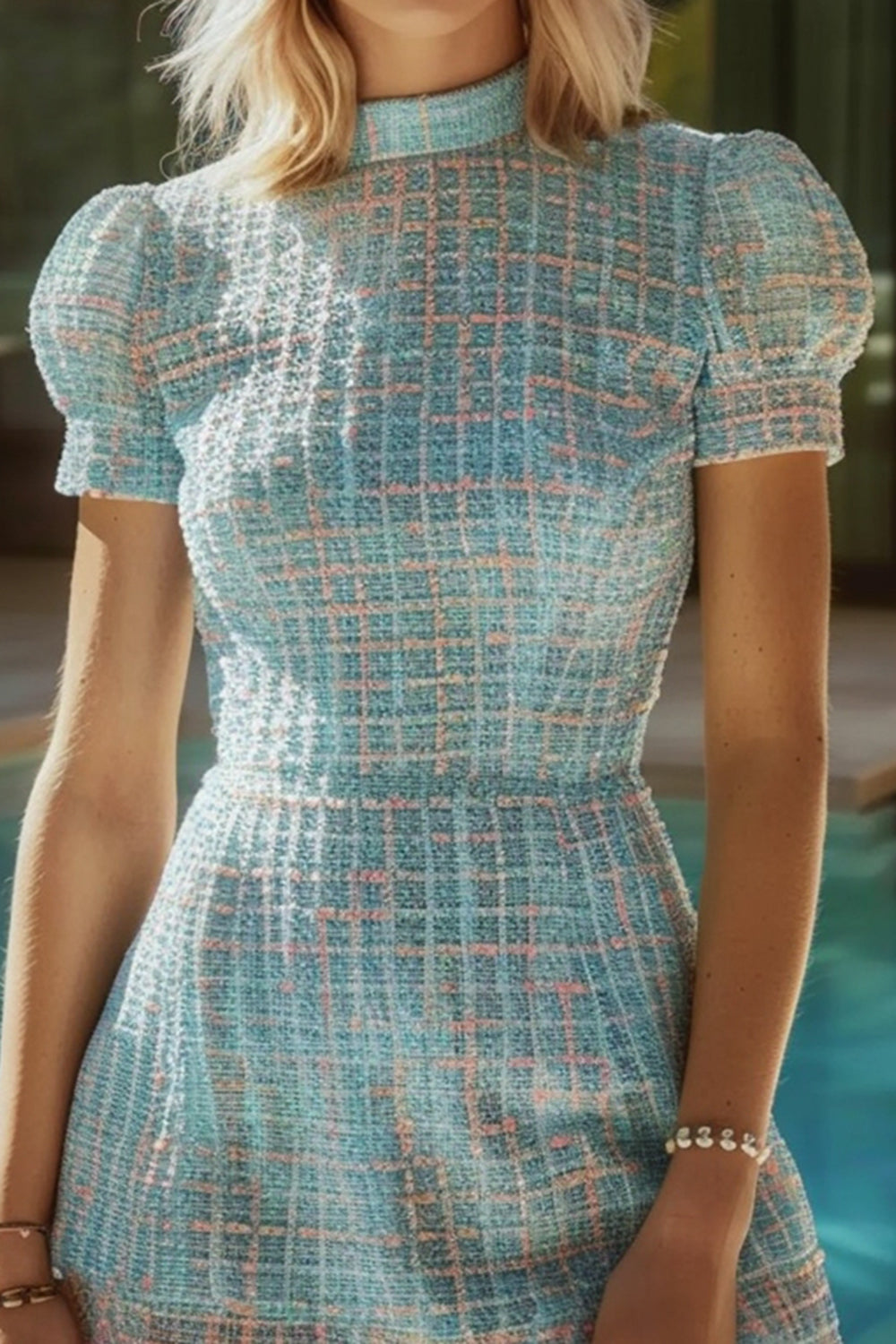 Blue Plaid Tight High Neck Short Tweed Dress with Sleeves