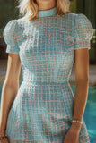Blue Plaid Tight High Neck Short Tweed Dress with Sleeves