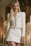 White Tight 2 Piece Round Neck Tweed Outfits with Sleeves