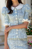 Blue 2 Piece Short Sleeves Plaid Tight Ruffled Tweed Outfits with Buttons