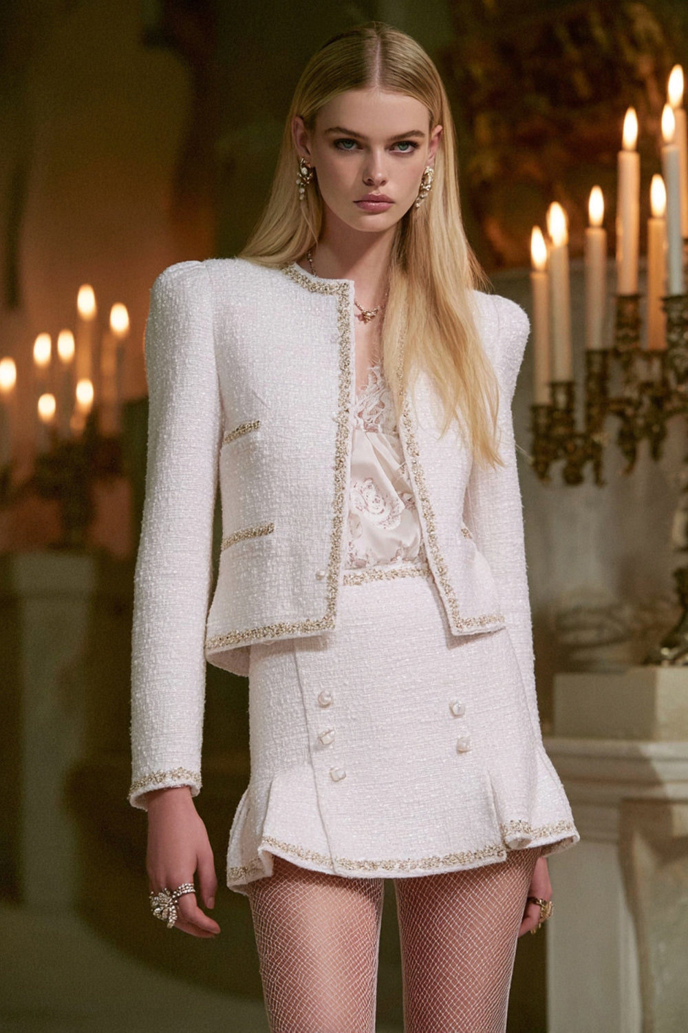 White 2 Piece Long Sleeves Tweed Outfits with Buttons