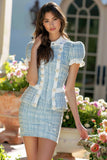 Blue 2 Piece Ruffled Tight Short Tweed Outfits with Buttons
