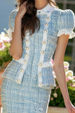 Blue 2 Piece Ruffled Tight Short Tweed Outfits with Buttons