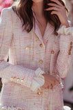 Light Pink Plaid Tight Short Double Breasted Tweed Blazer with Ruffles