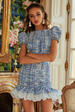 Blue Tight Bateau Neck Short Sleeves Tweed Dress with Ruffles