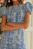 Blue Tight Bateau Neck Short Sleeves Tweed Dress with Ruffles