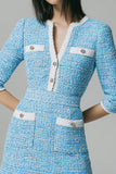 Blue Buttons V-Neck Short Tweed Dress with Pockets