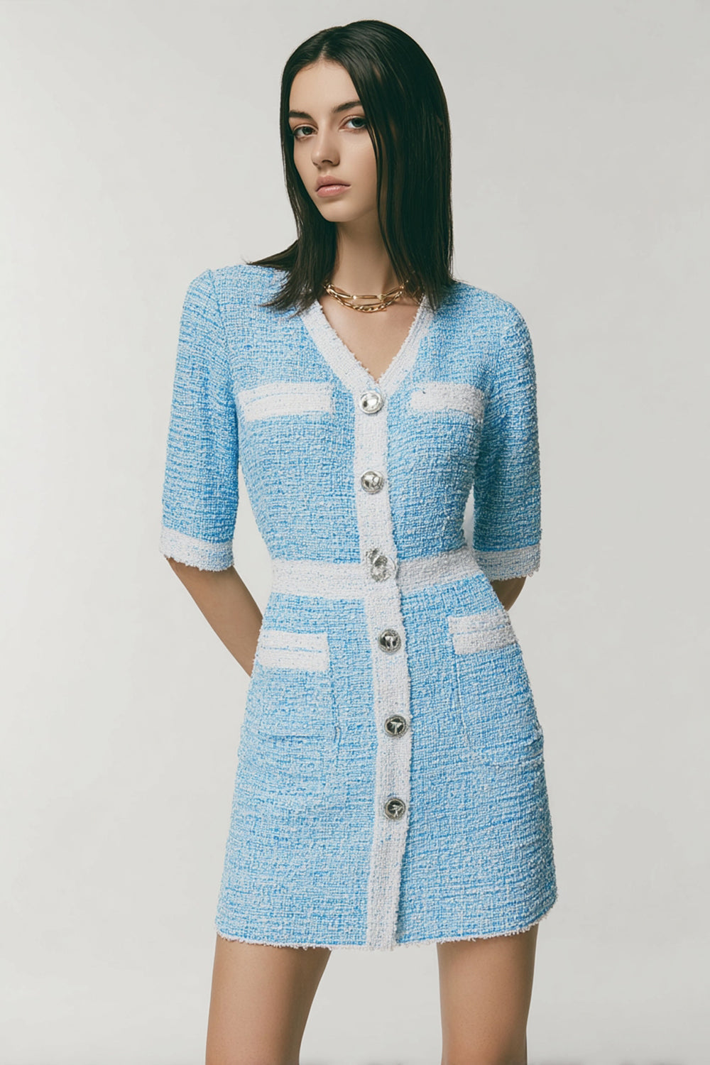 Blue Tight V-Neck Half Sleeves Short Tweed Dress with Pockets