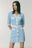 Blue Tight V-Neck Half Sleeves Short Tweed Dress with Pockets