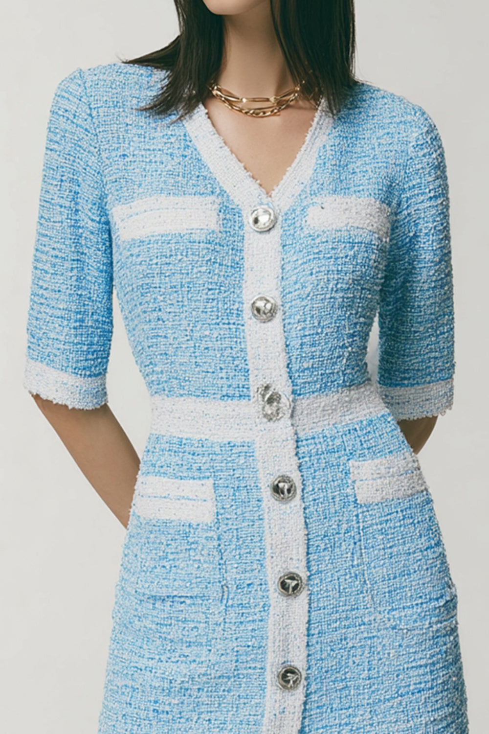 Blue Tight V-Neck Half Sleeves Short Tweed Dress with Pockets