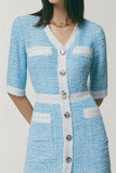 Blue Tight V-Neck Half Sleeves Short Tweed Dress with Pockets