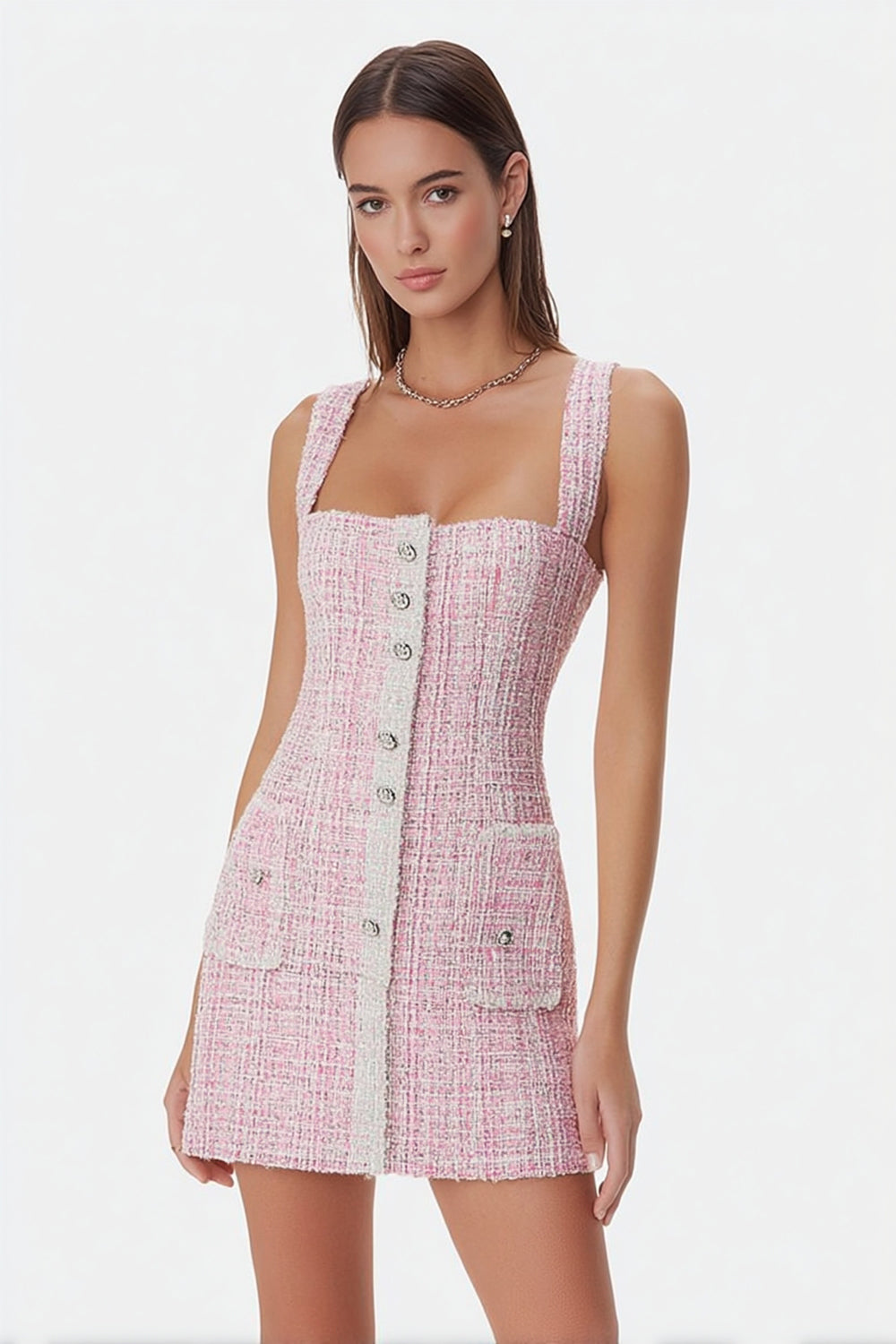 Pink Tight Square Neck Short Tweed Dress with Buttons