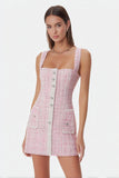 Pink Tight Square Neck Short Tweed Dress with Buttons