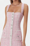 Pink Tight Square Neck Short Tweed Dress with Buttons