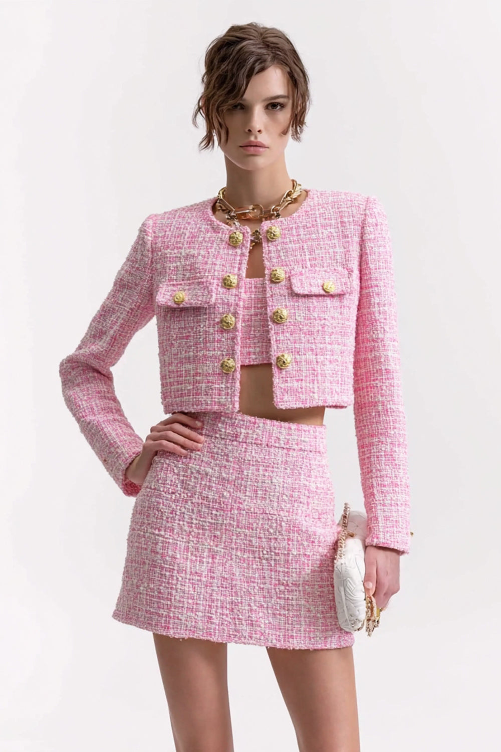 Pink 3 Piece Short Fitted Blazer Tweed Outfits with Pockets