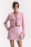 Pink 3 Piece Short Fitted Blazer Tweed Outfits with Pockets